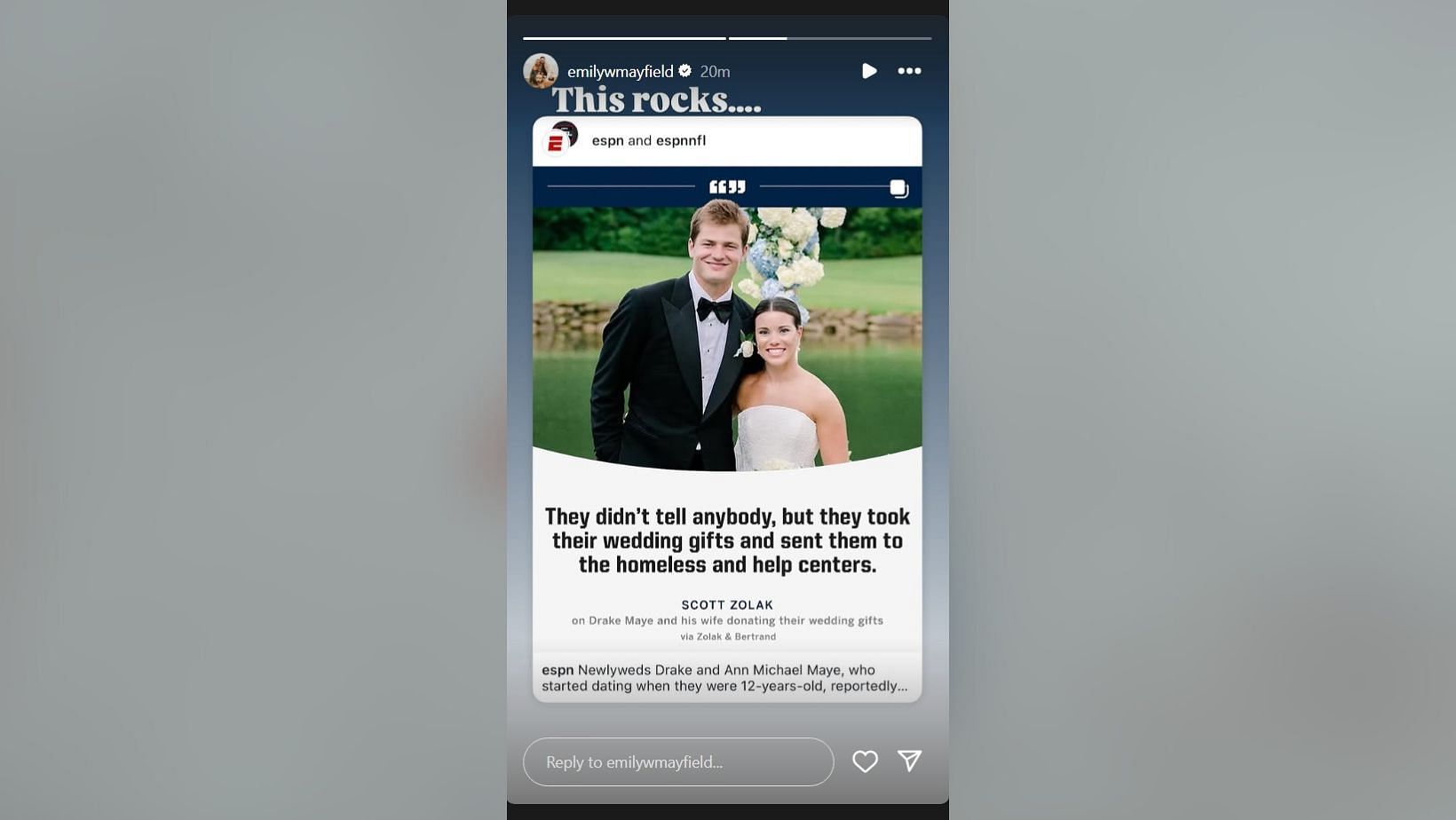 Baker Mayfield's wife Emily drops 2-word reaction to Drake Maye donating wedding gifts to charity (Image Credit: Emily/IG)